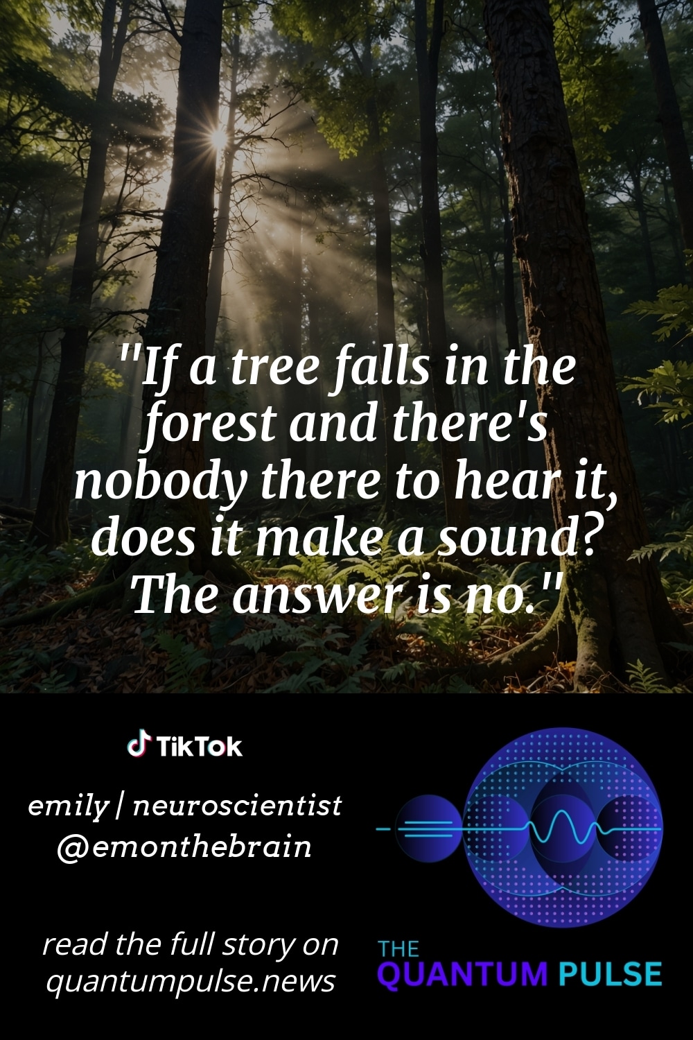 Pinterst Image If a tree falls in the forest and there's nobody there to hear it, does it make a sound? The answer is no.
