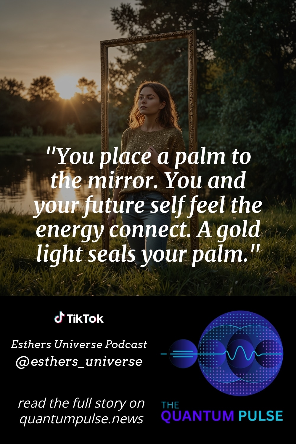 Pinterest Image You place a palm to the mirror. You and your future self feel the energy connect. A gold light seals your palm.